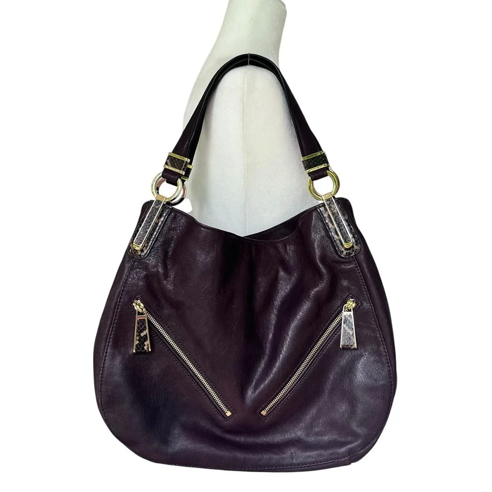 Michael Kors Matilda Brown Leather Shoulder Bag Python Embossed Accents Gold (T)